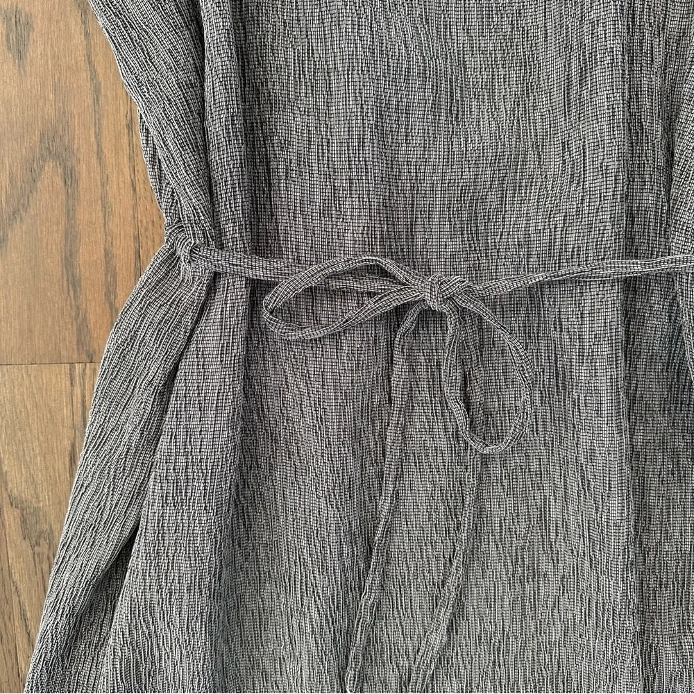 Eileen Fisher Woven Plissé Funnel Neck Full Length Dress in Grey Large